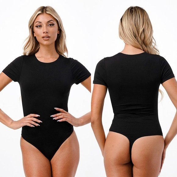 NEW Double Layered Soft Stretch Knit Crewneck T Shirt Slim Fit Bodysuit Black - Picture 1 of 10